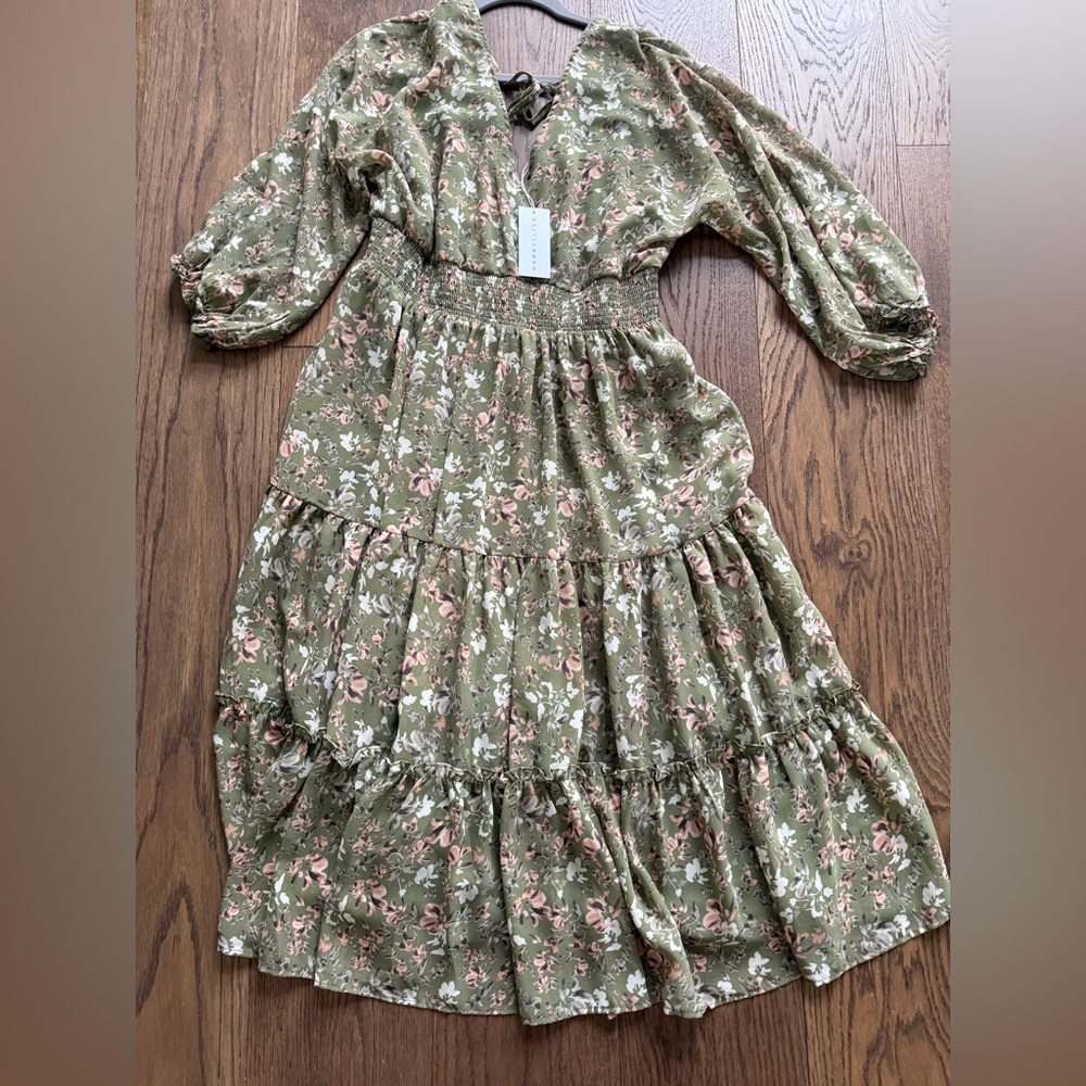 Baltic Born Olive Green Floral Tiered Midi Dress